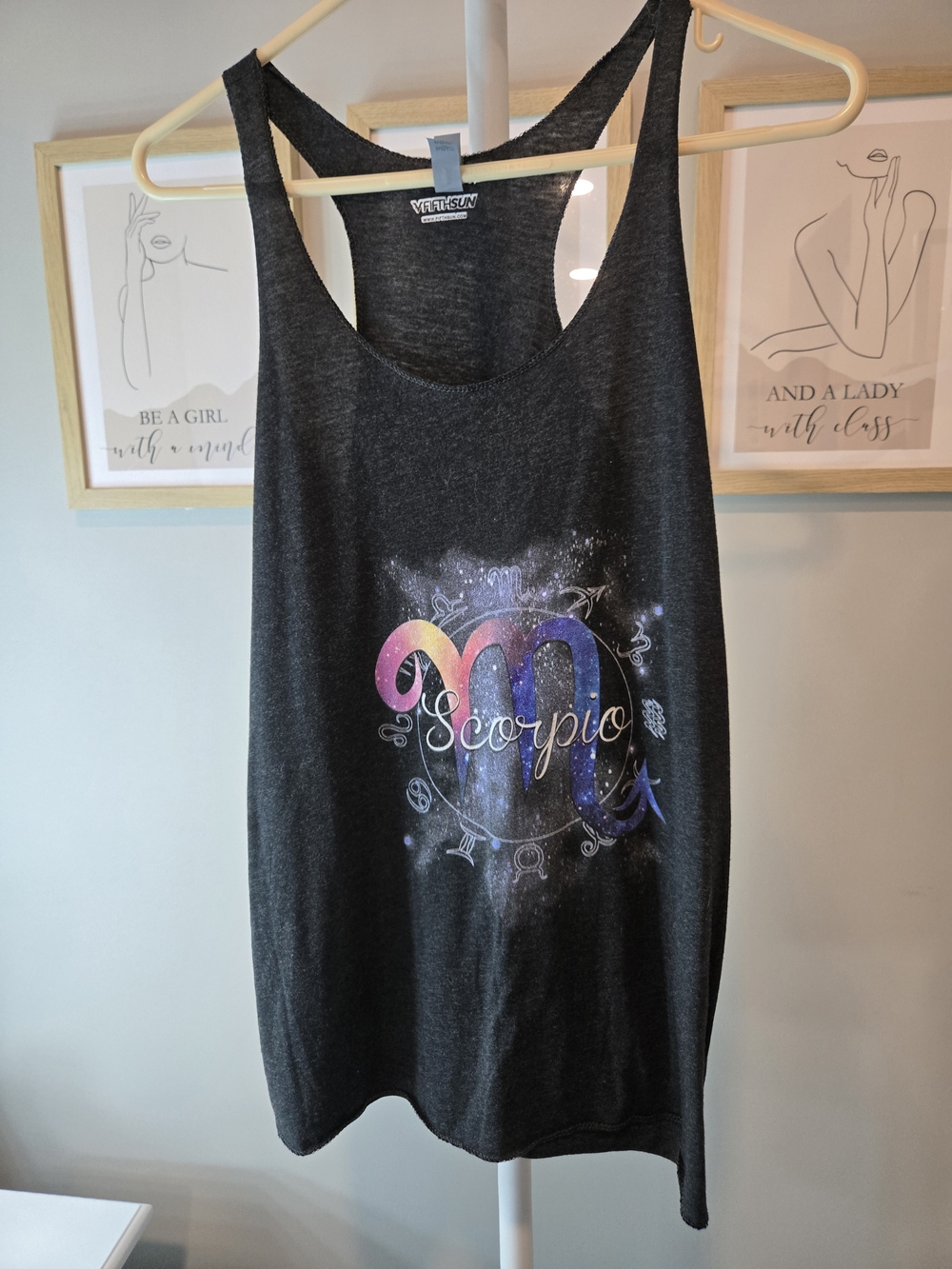🦂NWOT SCORPIO Fifth Sun Black Racerback Tank with Multicolor Graphic